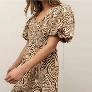 Anthropologie Moon River Smocked Puff Sleeve Midi Dress in Chocolate Swirl Print